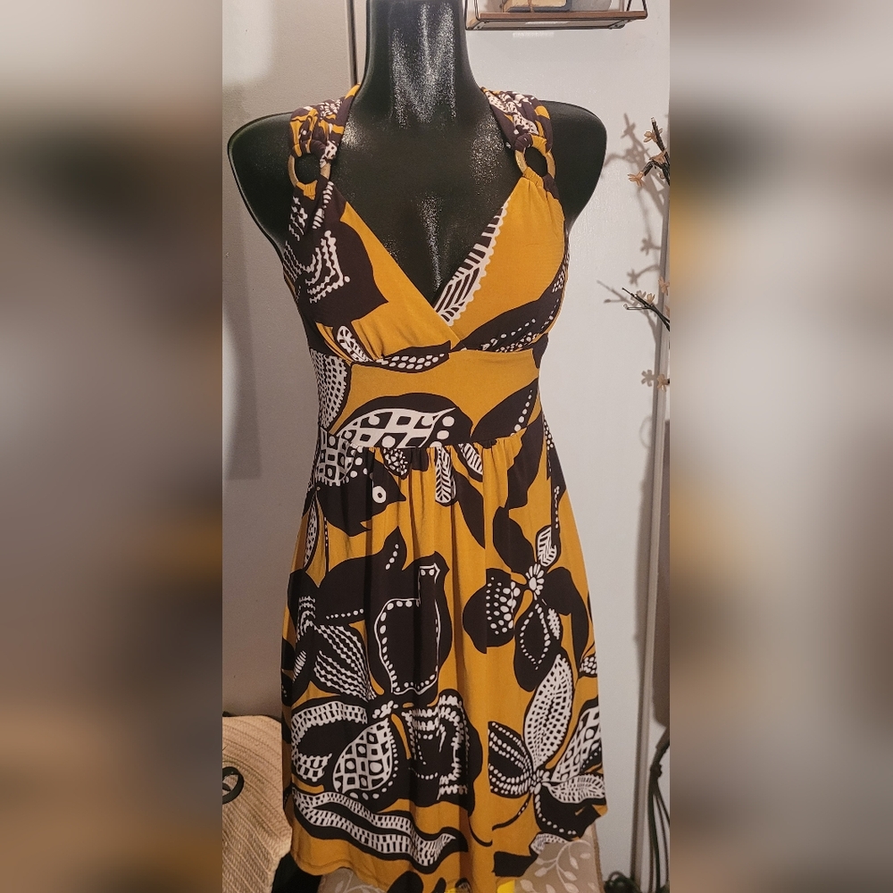 Bisou Bisou Mustard Black White Floral Halter Midi Dress